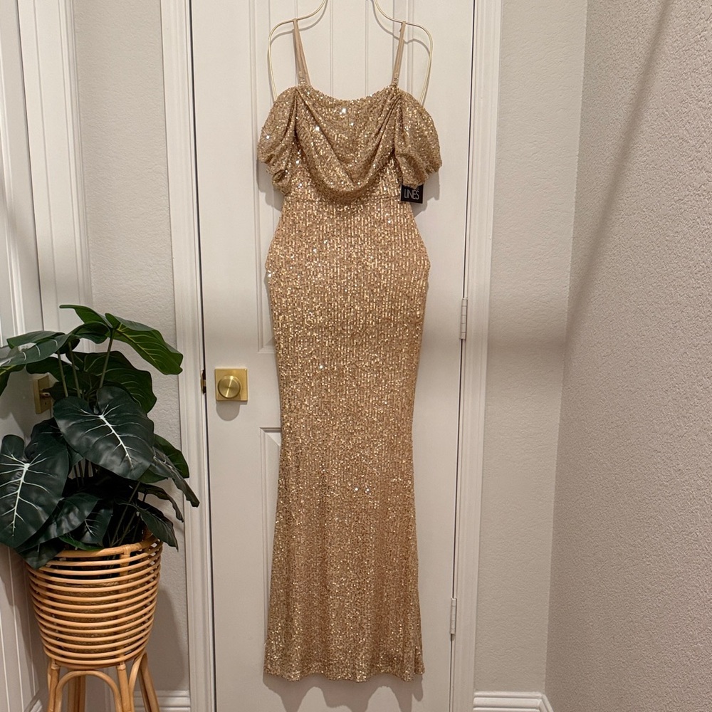 Gold Sequin Off Shoulder Gown with Removable Straps, Stretchy & Ultra Flattering